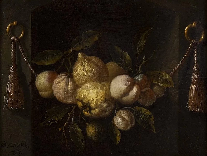 Natura morta con limoni, pesche e uva in una nicchia